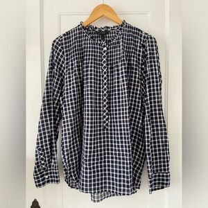 J. Crew navy and white gingham popover blouse with ruffle collar, size 14